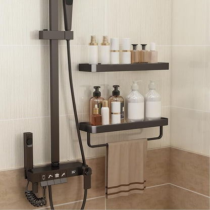 Danpoo 16-Inch Black Floating Bathroom Shelves with Towel Bar， Clear Tempered Glass Wall Shelf 2-Pack – Versatile Bathroom Organizer Set