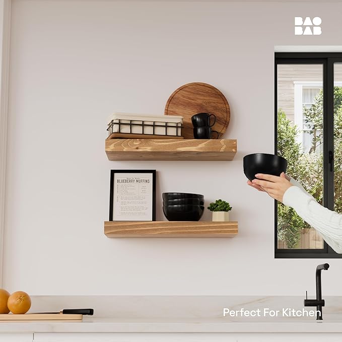 BAOBAB WORKSHOP Natural Wood Floating Shelves for Wall 16 inch - Floating Wall Shelves for Kitchen Bedroom - Wooden Bathroom Shelves - Floating Shelf - Oak Finish, 16" W x 6.7" D x 1.2”H