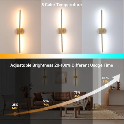 Battery Operated Wall Sconce Set of 2, 10400mAh Rechargeable Wall Sconces, 3000K-6000K Dimmable, 350°Rotate, Indoor Wall Lights for Bedroom Living Room, Original Wood, 31.5 Inch