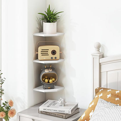 Fun Memories Corner Shelf Wall Mount, Floating Corner Shelves, Set of 6 Corner Wall Shelf Organizer, Rustic Wood Wall Storage Display Shelves for Living Room Bedroom Bathroom Kitchen, Rustic White