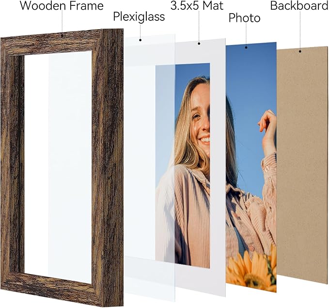 Vittanly 4x6 Picture Frames Set of 4, Display Pictures 3.5x5 with Mat or 4x6 without Mat, Small Photo Frames for Wall or Tabletop, Engineered Wood with Shatter Resistant Plexiglass, Rustic Brown