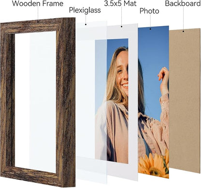 Vittanly 4x6 Picture Frames Set of 4, Display Pictures 3.5x5 with Mat or 4x6 without Mat, Small Photo Frames for Wall or Tabletop, Engineered Wood with Shatter Resistant Plexiglass, Rustic Brown