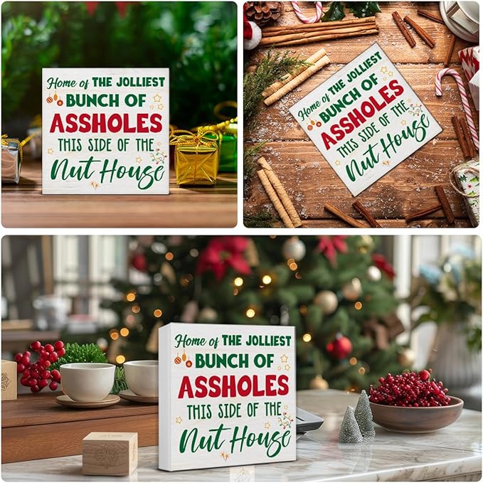 Funny Christmas Decor, Christmas Home Decorations, Home of the Jolliest Wooden Sign Rustic Home Shelf Office Decor 5 x 5 Inches