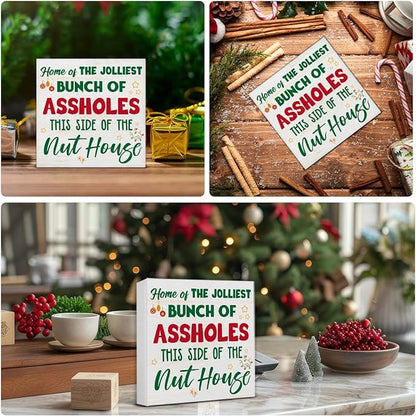 Funny Christmas Decor, Christmas Home Decorations, Home of the Jolliest Wooden Sign Rustic Home Shelf Office Decor 5 x 5 Inches