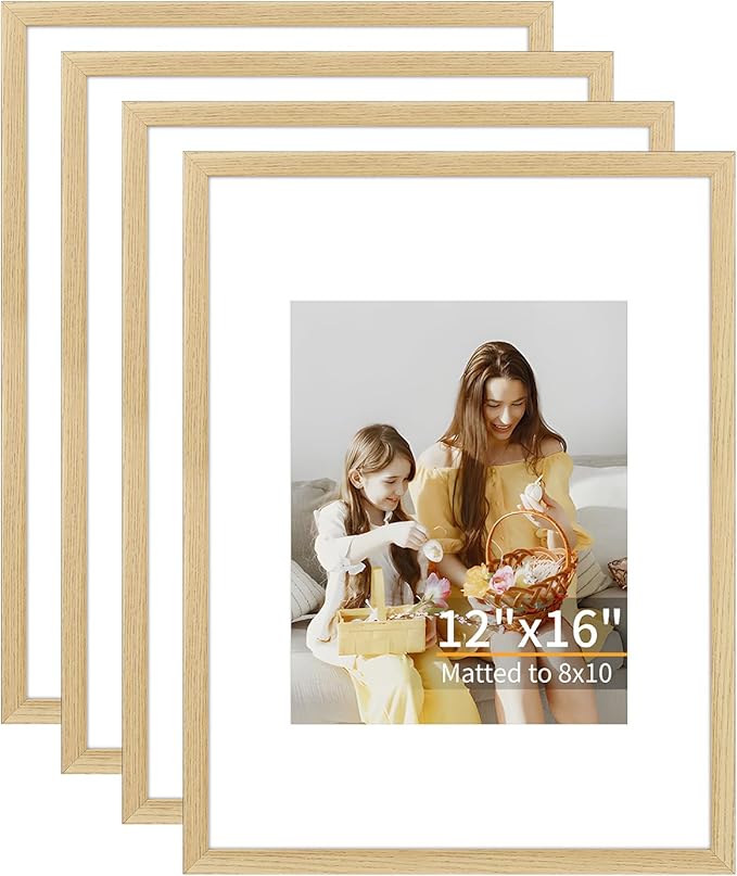 ATOBART 12x16 Picture Frame Set of 4, Displays 8x10 with Mat or 12x16 Without Mat, Photo Frames for Wall Hanging or Tabletop, Includes HD Plexiglass, Natural Wood Grain