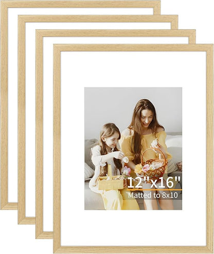ATOBART 12x16 Picture Frame Set of 4, Displays 8x10 with Mat or 12x16 Without Mat, Photo Frames for Wall Hanging or Tabletop, Includes HD Plexiglass, Natural Wood Grain
