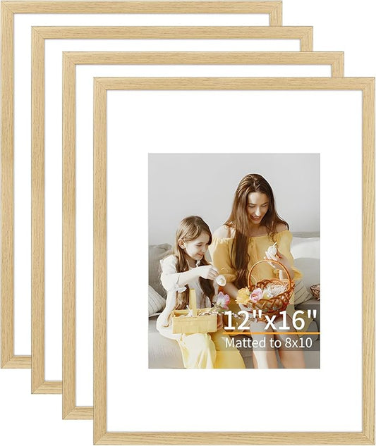 ATOBART 12x16 Picture Frame Set of 4, Displays 8x10 with Mat or 12x16 Without Mat, Photo Frames for Wall Hanging or Tabletop, Includes HD Plexiglass, Natural Wood Grain