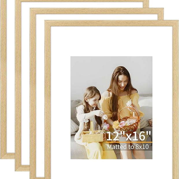 ATOBART 12x16 Picture Frame Set of 4, Displays 8x10 with Mat or 12x16 Without Mat, Photo Frames for Wall Hanging or Tabletop, Includes HD Plexiglass, Natural Wood Grain