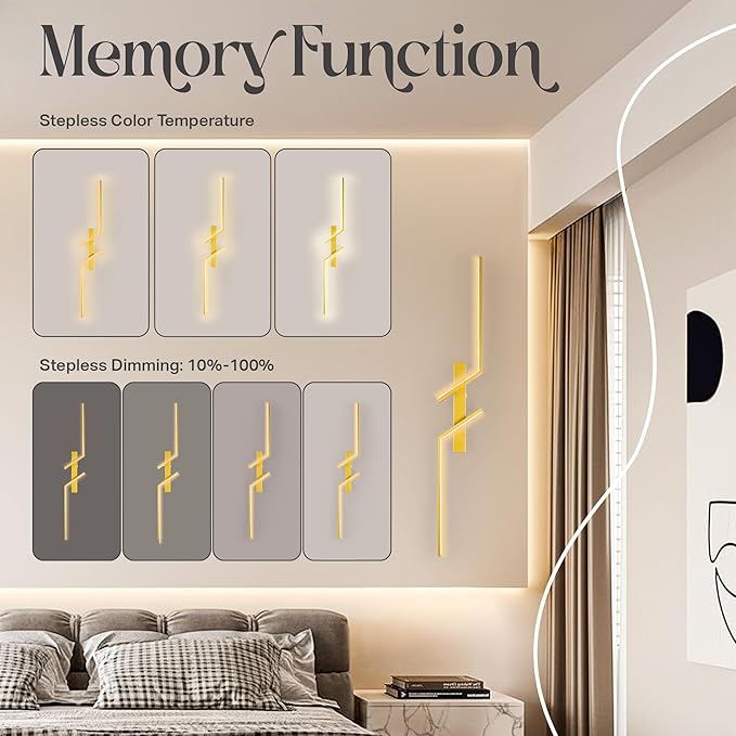 1-Pack Battery Operated Wall Sconce - 39 Inch Gold Modern LED Light for Bedroom - Wireless Sconces with Remote and Rechargeable Battery - Dimmable Wall Scones for Gold Home Decor