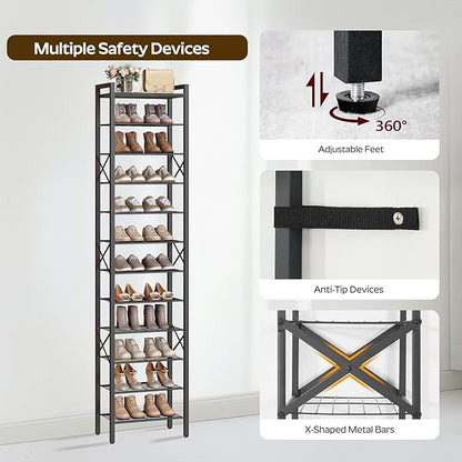12-Tier Narrow Shoe Rack, Tall Shoe Rack for 12-24 Pairs, Slim Shoe Storage Organizer with Wooden Top, Space Saving, Metal Frame, for Entryway, Charcoal and Black SS61BC
