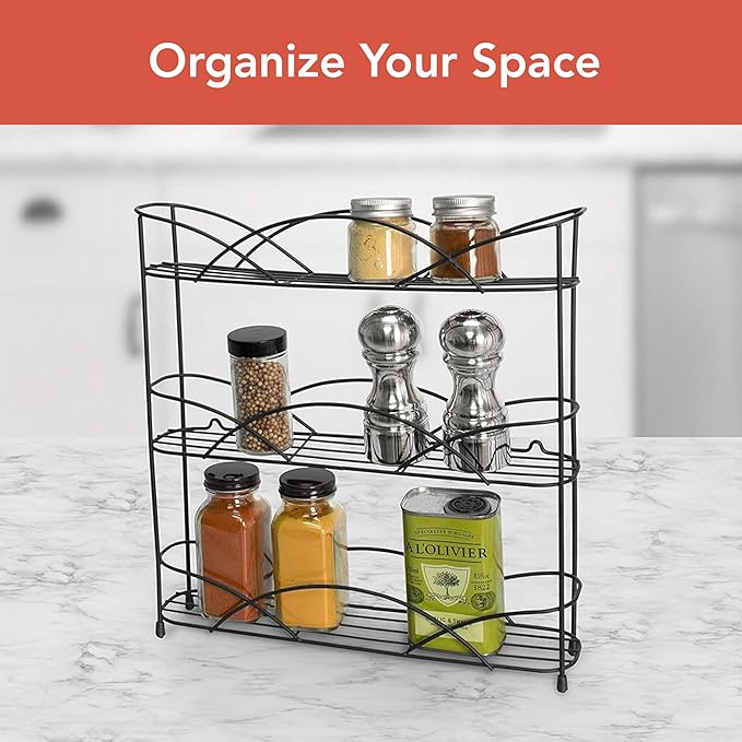 Spectrum 3 Tier Spice Rack Organizer Black Countertop Wire Shelf Spice Rack for Modern Kitchen Pantry Cabinet, Organize Spices with Three Tier Spice Shelf for Kitchen Storage with Wall Mount Option