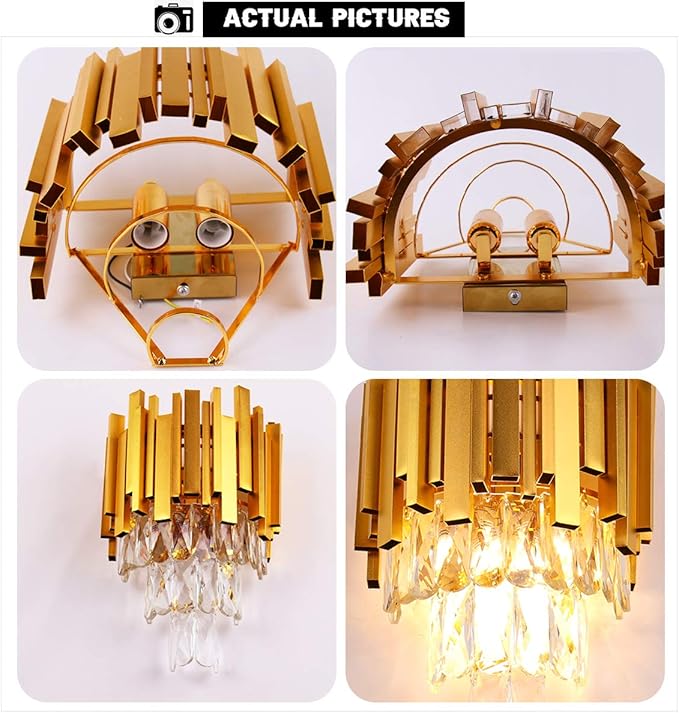 FRIXCHUR Crystal Wall Sconce Lights 3 Tiers Crystal Wall Lamp Modern Wall Lighting Fixture Bedside Night Lamp for Bedroom Bathroom Living Room Hallway,Gold,2 x E12 Base