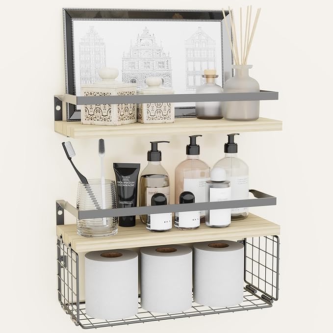 Floating Shelves with Wire Storage Basket for Toilet Paper, Wall Decor for Bathroom/Living Room/Kitchen/Bedroom, (Gold-White-Gold) Shelves for Home Decor