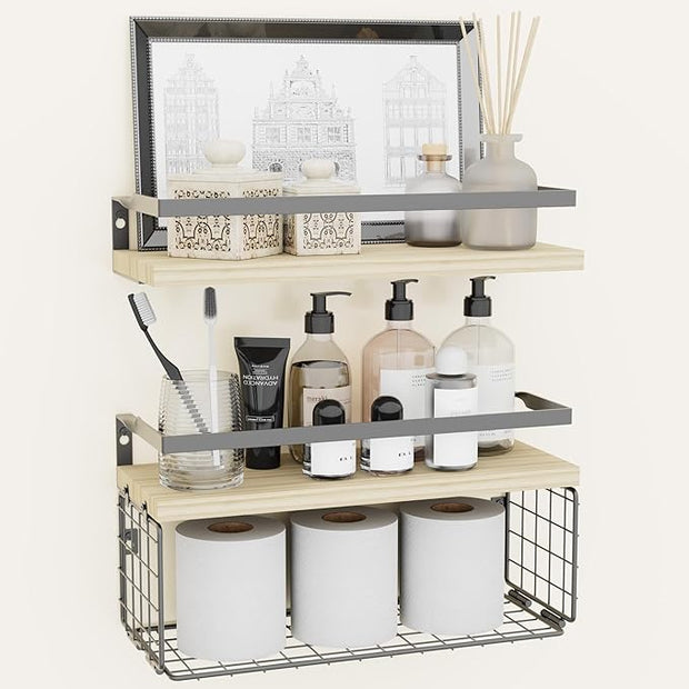 Floating Shelves with Wire Storage Basket for Toilet Paper, Wall Decor for Bathroom/Living Room/Kitchen/Bedroom, (Gold-White-Gold) Shelves for Home Decor