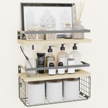 Floating Shelves with Wire Storage Basket for Toilet Paper, Wall Decor for Bathroom/Living Room/Kitchen/Bedroom, (Black-Natural-Black) Shelves for Home Decor