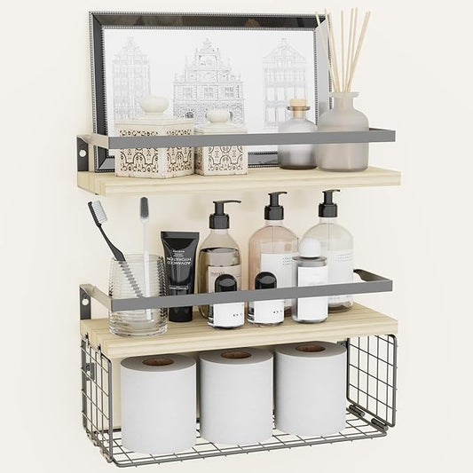 Floating Shelves with Wire Storage Basket for Toilet Paper, Wall Decor for Bathroom/Living Room/Kitchen/Bedroom, (Black-Natural-Black) Shelves for Home Decor
