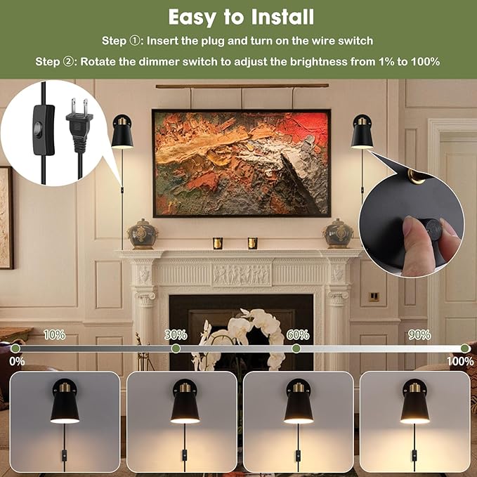 Plug in Wall Sconces Set of 2, Dimmable Wall Lights with Plug in Cord and Dimmer On/Off Knob Switch, Adjustable Angle Black Wall Mounted Lamp for Bedside Bedroom Living Room (2 Bulbs Included)