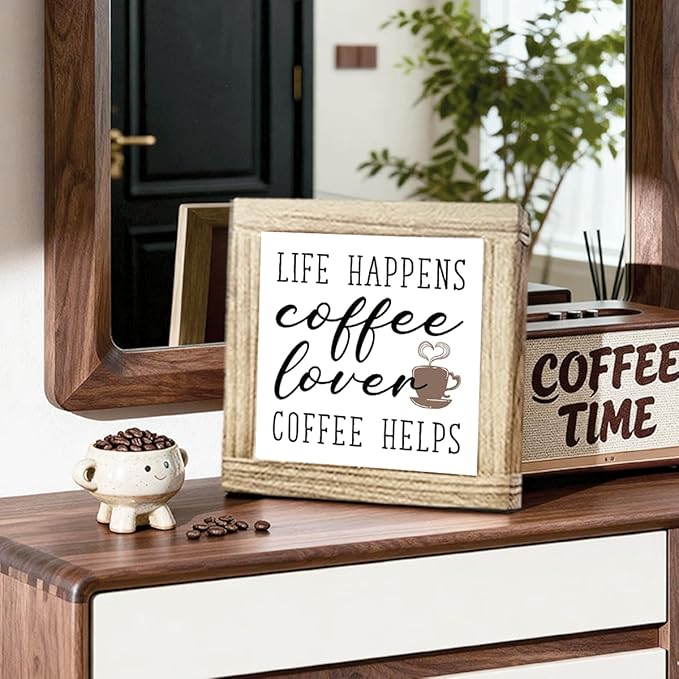 Coffees Wood Sign Life Happens Coffee Helps Wooden Decor Sign for Cafe Bar Inspirational Coffees Decor To Kitchen Home Office Ideal Gift For Coffee Lover Handmade Wood Plaque 5.9x5.9 Inch