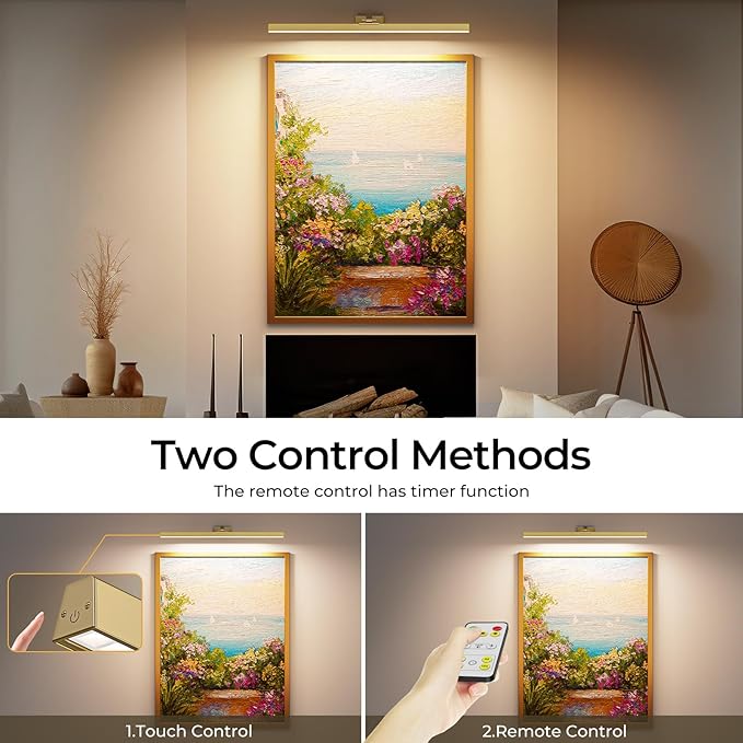 Picture Lights for Wall, Brushed Gold Battery Operated Picture Light 24in Art Light CCT Dimmable Recharging Battery Wall Light with Remote Control for Living Room Gallery