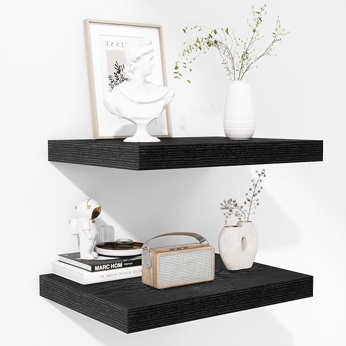 Fun Memories Floating Shelves - 2 Pack 12 Inch Deep Rustic Wooden Wall Shelves - Extra Deeper & Thicker Wall Mounted Storage Shelf for Kitchen, Farmhouse - 16" W x 12" D x 1.5" H - Rustic Black