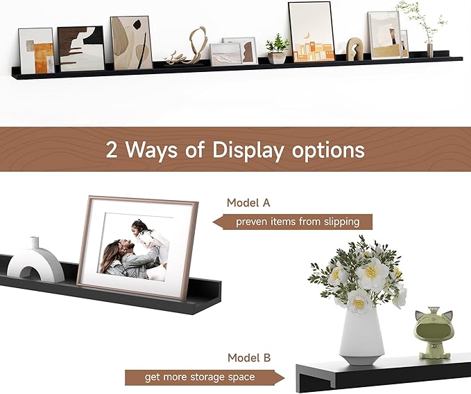 Floating Picture Ledge Shelves for Wall Set of 2, 84 Inches Picture Ledge Shelf with Long Large Nursery Book Shelf for Toys Storage Kids Bookshelf Wall Mounted Living Room Bedroom Decor Frames, Black
