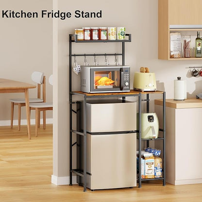 Mini Fridge Stand with Storage Shelves, Kitchen Bakers Rack, Coffee Bar, Microwave Oven Stand, Wine Cabinet, Refrigerator Stand with 5 Lockable S Hooks for Dorm, Apartment, Living Room, Office