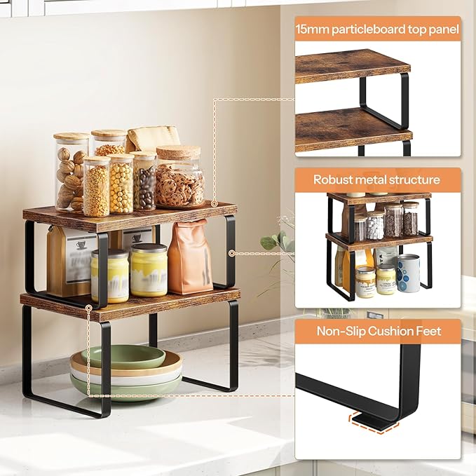 HOOBRO Cabinet Organizer Shelf Set of 4, Kitchen Counter Organizer, Kitchen Storage, Spice Rack, Nest, Stackable, Side-by-Side & L-Shape for Cabinet, Kitchen, Rustic Brown and Black BF33TLP201
