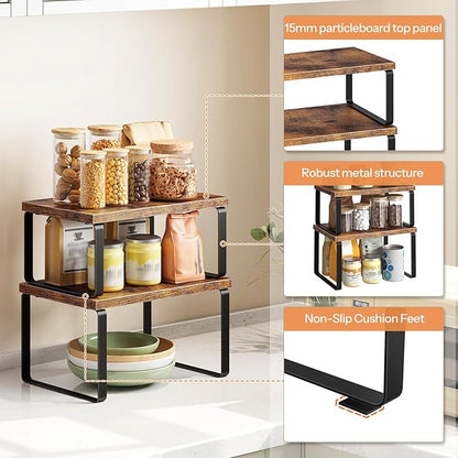 HOOBRO Cabinet Organizer Shelf Set of 4, Kitchen Counter Organizer, Kitchen Storage, Spice Rack, Nest, Stackable, Side-by-Side & L-Shape for Cabinet, Kitchen, Rustic Brown and Black BF33TLP201