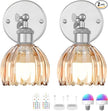 Vintage Battery Operated Wall Sconce, Amber Tulip Glass Lampshade Wireless Rechargeable Battery Powered LED Wall Light with Remote Dimmable for Bedside Bedroom Living Room, Silver, Set of 2