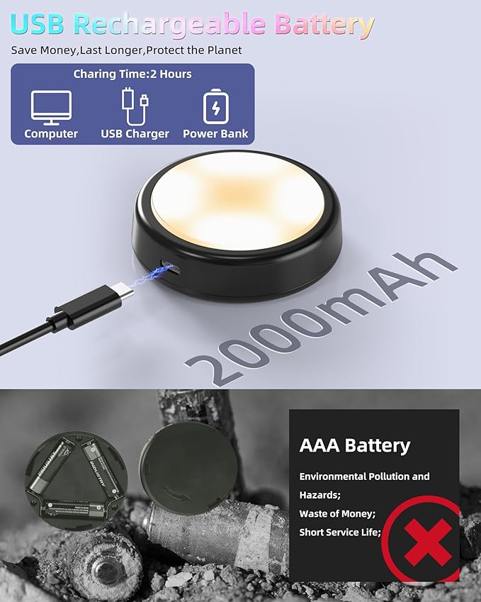 HOLKPOILOT Puck Lights with Remote, Under Cabinet Lights,2000mAh Battery Operated Closet Lights, Magnetic Under Cabinet Lighting Wireless, 3 Color Temps &7 RGB Colors, Black Rechargeable Puck Lights.