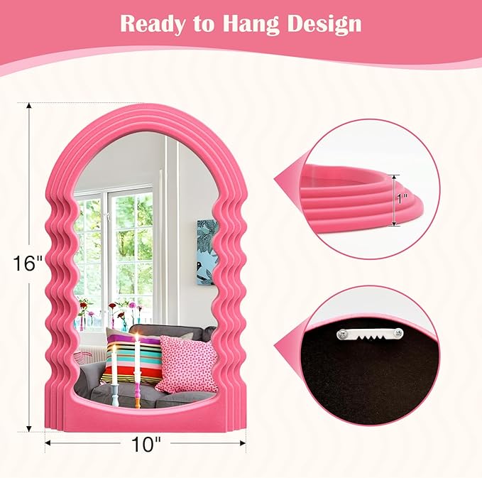Wavy Wall Mirror for Living Room Decor, Velvet Finish Funky Wall Mounted Mirror for Girly Bedroom Decoration, Cute Hanging Sculpture Home Accent for Dining Room Kitchen (Pink)