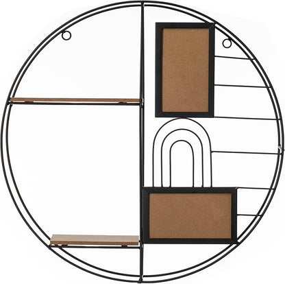 Vintiquewise 2-Tier Decorative Floating Circular Silhouette Wall Shelf with 2 Photo Frames - Circular Metal and Wood Wall-Mounted Shelf for Entryway, Bathroom, Bedroom, and Living Room Decor, Black