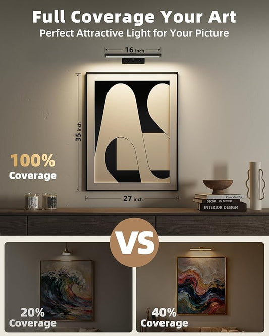 EZVALO Picture Light for Wall, 16'' Black Rechargeable 4800mAh Battery Lights Wireless with IR Remote, Magnetic LED Art Painting Light with 3 Color Temperatures, Display for Gallery, Living Room(2P)