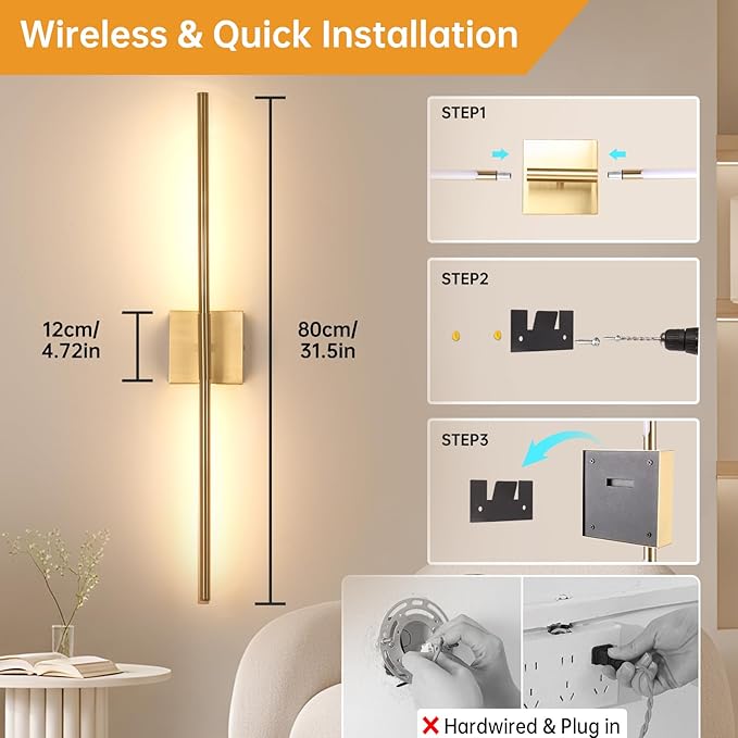 Battery Operated Wall Sconce Set of 2, 10400mAh Rechargeable Wall Sconces, 3000K-6000K Dimmable, 350°Rotate, Indoor Wall Lights for Bedroom Living Room Bathroom, Gold, 31.5 Inch