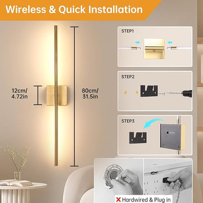 Battery Operated Wall Sconce Set of 2, 10400mAh Rechargeable Wall Sconces, 3000K-6000K Dimmable, 350°Rotate, Indoor Wall Lights for Bedroom Living Room Bathroom, Gold, 31.5 Inch