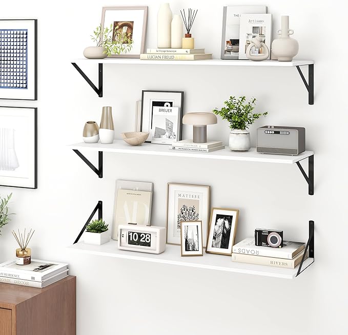 Fun Memories Deep Floating Shelves for Wall, 36W x 8D Wall Mounted Shelves Set of 2, Wide Display Ledge Shelf with Sturdy Metal Brackets for Living Room, Bathroom, Bedroom and Kitchen, White