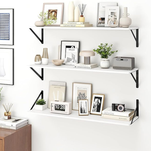 Fun Memories Deep Floating Shelves for Wall, 36W x 8D Wall Mounted Shelves Set of 2, Wide Display Ledge Shelf with Sturdy Metal Brackets for Living Room, Bathroom, Bedroom and Kitchen, White