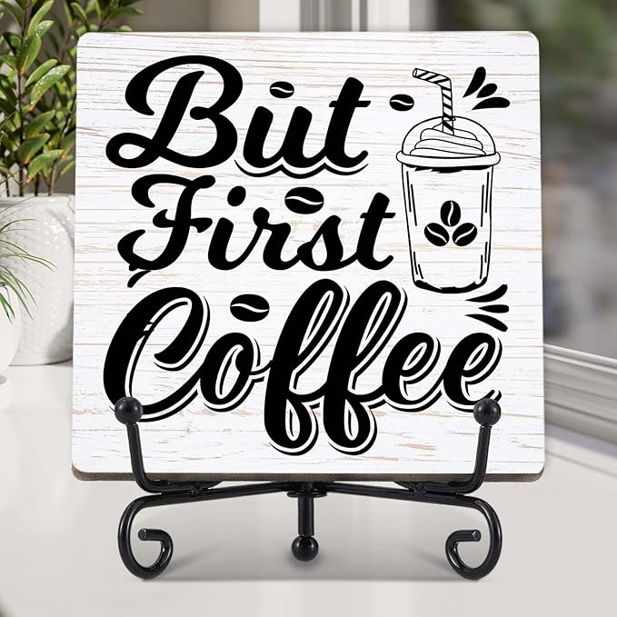 Coffee Bar Decor, Farmhouse Kitchen Table Decor, Coffee Station Accessories, Wooden Decorative Sign with Iron Stand for Table Desk Shelf Display-E23
