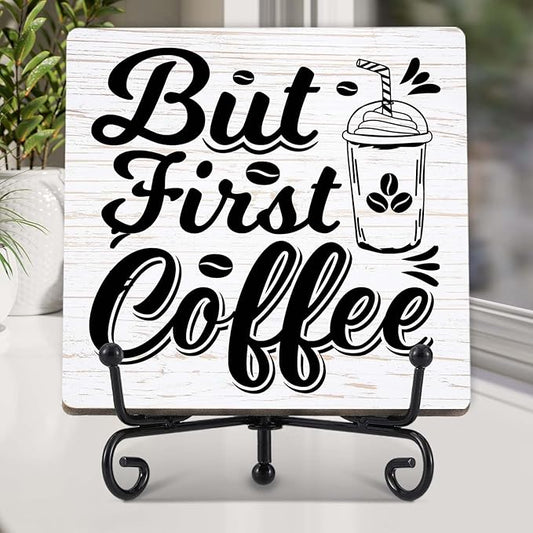 Coffee Bar Decor, Farmhouse Kitchen Table Decor, Coffee Station Accessories, Wooden Decorative Sign with Iron Stand for Table Desk Shelf Display-E23