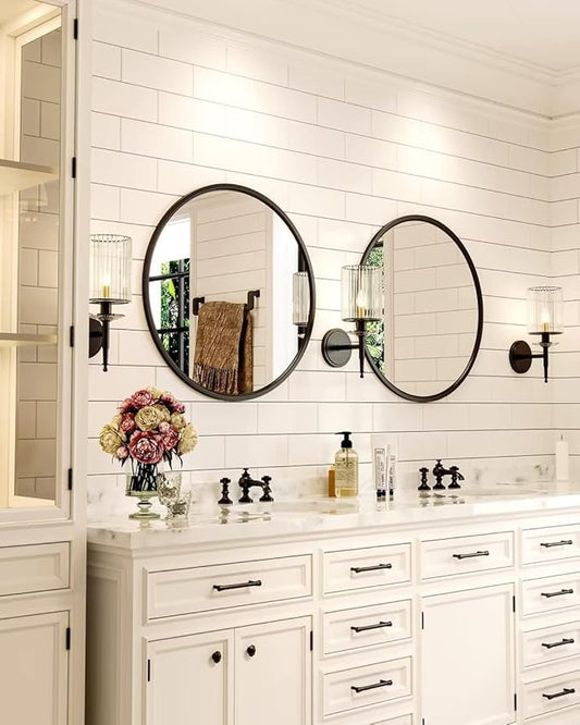Growsun 24'' Black Round Mirror, Circle Wall Mirror for Bathroom Vanity, Entryway Living Room with Metal Frame for Home Decor, 2 Pack