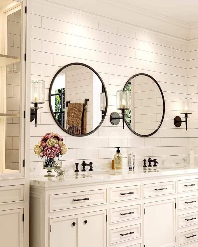 Growsun 28'' Black Round Mirror for Bathroom, Circle Bathroom Mirror for Wall, Entryway Living Room with Metal Frame for Home Decor