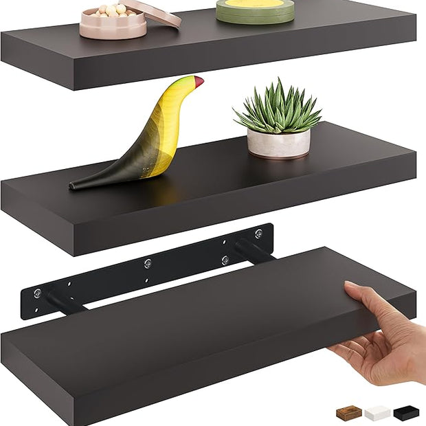 Ballucci Floating Shelves, 16" Wood Wall Shelf Set of 3, Invisible Brackets Floating Shelf for Wall Decor Living Room, Bathroom, Bedroom, Kitchen, 6" Depth, Black