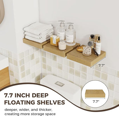 Fun Memories Small Floating Shelves for Wall - 8 Inch Square Wall Shelves with Invisible Brackets, Oak Shelves for Bathroom, Living Room, Bedroom, and Kitchen Decor, Set of 3