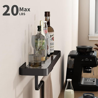 Danpoo 20 Inch Long Floating Bathroom Shelf with Towel Bar, Clear Tempered Glass Wall Shelf for Bathroom Storage Organizer, Matte Black