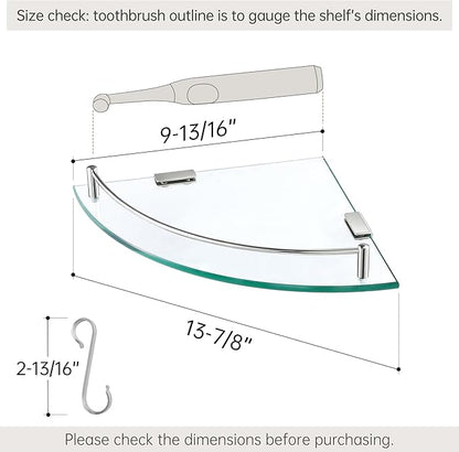 KES Glass Corner Shelf Bathroom Shelf Tempered Glass with Rail SUS 304 Stainless Steel Floating Wall Mount Bracket Polished Finish, BGS2101A