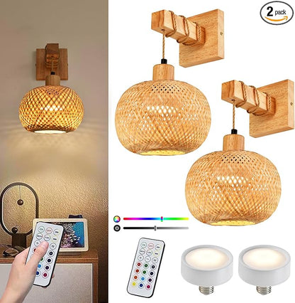 Battery Operated Wall Sconce Set of Two, Bamboo Solid Rubber Wood Wall Sconces with Remote RGB 15 Colors Dimmable, Farmhouse Boho Wall Lights for Bedroom Living Room Entryway