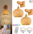 Battery Operated Wall Sconce Set of Two, Bamboo Solid Rubber Wood Wall Sconces with Remote RGB 15 Colors Dimmable, Farmhouse Boho Wall Lights for Bedroom Living Room Entryway