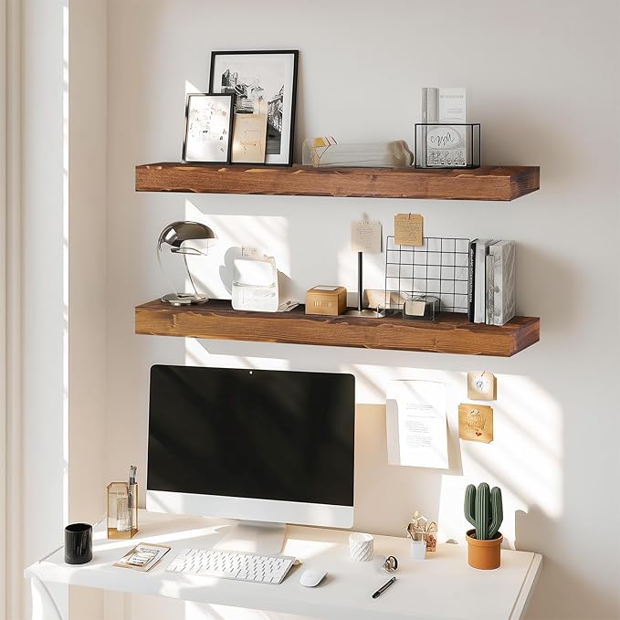 36x6.8x2 Inch Rustic Floating Shelves for Wall Set of 2 - Brown Solid Wood Wall Mounted Shelves with Invisible Bracket, Extended Design for Farmhouse Living Room Bedroom Kitchen Decor