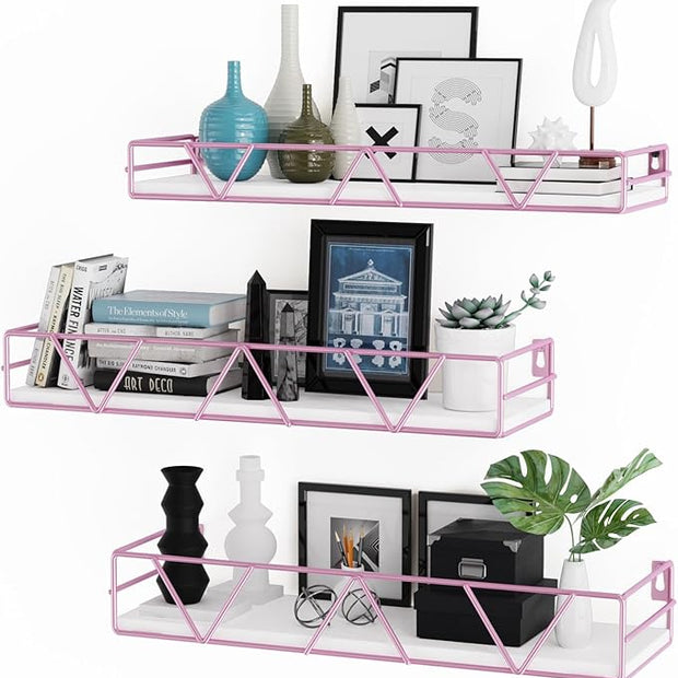 Floating Shelves Set of 3, Home Wood Wall Shelf, Farmhouse Shelf for Bedroom, Wall Mounted Floating Shelf for Living Room, Bedroom, Bathroom, Kitchen, Office (Pink)