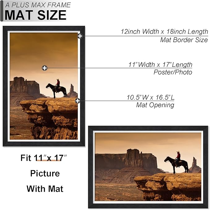 A PLUS MAX 12x18 Picture Frame Set of 6, Engineered Wood Frame Display Photo 11x17 with Mat or 12 x 18 without Mat, 12by18 Frame with Black Wood Grain for Wall - 6 Pack/Black/12 x18